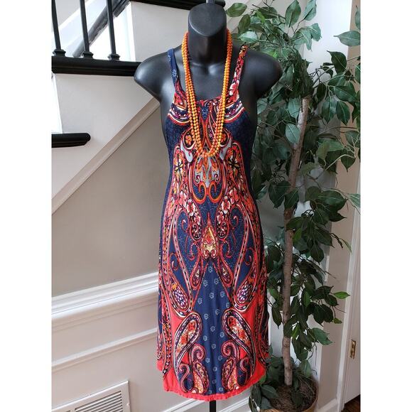 Lascana Bodycon Dress Women's Size M Blue Paisley Fitted Round Neck Sleeveless - Picture 1 of 12